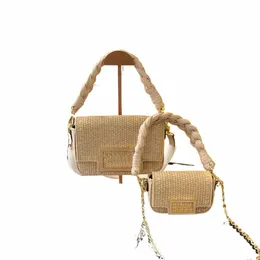 2023 밀짚 가방 여름 디자이너 가방 지갑 여성 크로스 바디 가방 피 컬러 일치 미니 작은 바게트 짠 숄더 가방 230618 B7VA#