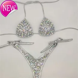 2024 New Fashion Designer Sexy Bikini Sets Cheap vacation style diamond set bandage open push up bling stones swimsuit sexy women swim 210621