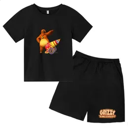 Kids Cartoon Grizzy Print Casual Short Sleeve TshirtsPants Suits 414 Years Boys Girls Summer Sports Outfits Children Clothes 240328