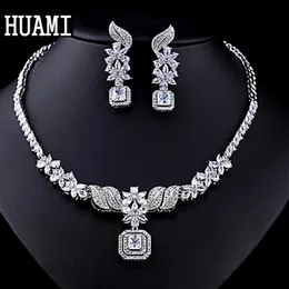 Huami Creative Leaf Drop Zircon Pendant Halsbandörhängen Set Women Wedding Bridal Jewelry Anniversary Lady Gifts 240401