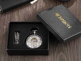 Pocket Watches Silver Pocket Antique Steampunk Vintage Roman Numerals Automatic Mechanical Men es Necklace Clock Chain Reloj Hombre L240402