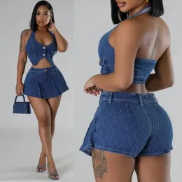 Women's Tracksuits Echoine Blue Denim Halter Crop Top And Mini Skirt Shorts Women Jeans Two Piece Set Sexy Party Girls Outfits Streetwear