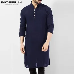 Camicie casual maschile incerun vintage camicia cotone cotone maniche lunghe collare stile solido streetwear musulmano kaftan musulmano 2024