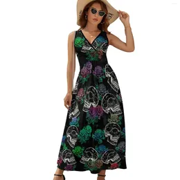 Casual Dresses Floral Sugar Skull Dress Roses Print Girly Pastell Sexig Beach Long V Neck Maxi High midje Streetwear