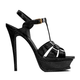 Tasarımcılar Sandalet Platformu Topuk Ayakkabıları Kadınlar İçin Cowhide Taş Desen Patent Deri 13cm Yüksek Topuk Elbise Ayakkabı 35-42