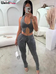 Women's Two Piece Pants Weird Puss Blue Striped Women Casual Set Crochet Halter Deepv-Neck Vest Pocket Skinny Stretch Matching Outfits