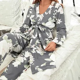 Hauskleidung Print Blume 3pcs Pyjamas Set Kimono Badrobe Kleid Frühling Sommer Frauen Nachthemd Nachtkippe Lose Casual Wear Loungewear