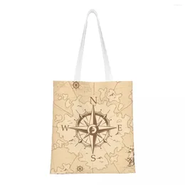 Bolsas de compras Pirata Map Map Groceries Bag Printing Canvas Shopper Tote de ombro de grande capacidade Bolsa de marinheiro náutico Compass