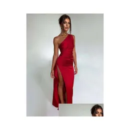 Basic & Casual Dresses One Shoder Backless High Split Maxi Dress Summer Cocktail Party Outfits For Women 2023 Sleeveless Satin Drop D Dhavw