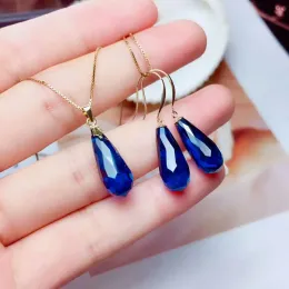Tools Meibapj Deep Blue Natural Sapphire Water Drop Jewelry Set Real Solid Gold 2piece Siut Fine Wedding Jewelry for Women