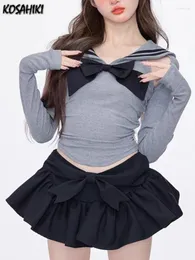 Kvinnors T-skjortor Kawwaii Y2K Eesthetic Bow T-shirt Kvinnor Kontrast Color Harajuku Salior Collar Sweet Tops 2024 Preppy Style Söt Grunge Crop