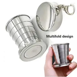Mugs Folding Stainless Steel Cup Portable Mug For Tea With Keychain Outdoor Travel Metal Coffee Retractable Wine