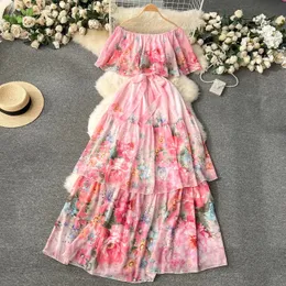 Frauen Basic Casual Kleider Sommer Runway Holiday Flower Cascarding Chiffon Kleid Frauen sexy Off Schulter Rüschen Blumendruck Boho Long Robe Vestidos 2024