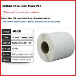 Paper AIBIER Waterproof Paper 40x10mm*10000pcs/1Roll Thermal Transfer Blank Brillant White PET Barcode Adhesive Printed Label Sticker