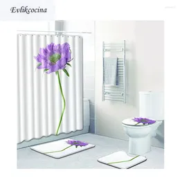 Bath Mats 4Pcs Purple Flower Banyo Bathroom Set Anti-slip Tapete Banheiro Washable Toilette Rugs Alfombra Bano