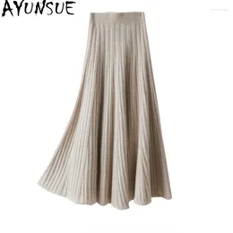 Юбки Ayunsue Осенняя зима настоящая шерстяная юбка женская вязаная каша -талия элегантная корейская мода Jupe Longue Femme 1372