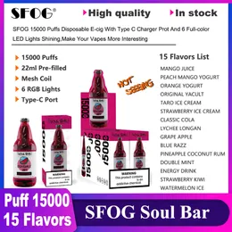 Puff 15000 Vapes Einwegpuff 15k Sfog Soul Bar 15000 Puff Vape E Zigarette 15K Puff 22 ml E-Liquid Pod Vaper Mesh Spule 6 RGB Lichter 15 Sorten Zigendampfstift