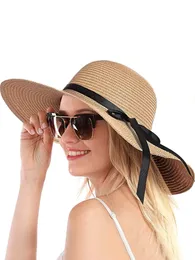 1pc Women Women Solid Bow Decor Brim Sun Protection Straw Hat for Beach 240403