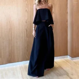 Women's Pants Fashion Black Tube Top Sets For Women Summer Off Shoulder Sleeveless Irregular Wide Legs With Pockets Suit