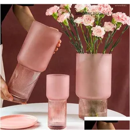 Vazolar Pembe Buzlu Doku Cam Vazo Modern Minimalist Yaratıcı Silindirik Hidroponik Çiçek Düzenleme Aksesuarları Ev Dekorati Dhtma