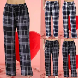 Kvinnors sömnkläder Kvinnor Plaid tryckta pyjamasbyxor hemkläder rakt breda ben Löst byxor Streetwear Ankel-längd Nightie Loungewear