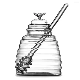 Storage Bottles Clear Honey Jar With Dipper And Lid Jam Glass 15oz Containers Holder 8.11 Ounces Beehive Pot Syrup