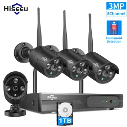 시스템 HISEEU 8CH 3MP HD 야외 IR 야간 비전 비디오 감시 4PCS 보안 IP 카메라 1536P WiFi CCTV 시스템 무선 NVR 키트 HDD