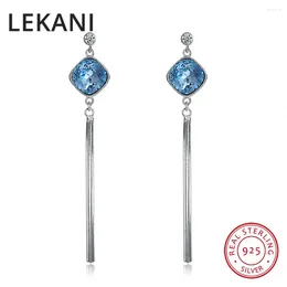 Kolczyki Dangle Lekani Blue Square Crystals z Austrii Long Chain Drop S925 Srebrny Tassel Fine For Kobiety