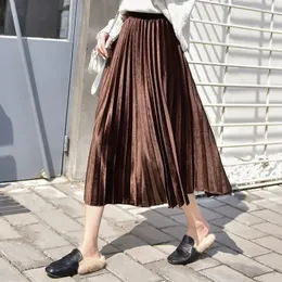 Solid Color Casual Pleated Skirt For Women 2024 Spring Vintage Womens High Waist Elastic Midi Female Fashion ALine Dress 240323