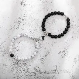 Charm Bracelets 2Pcs/Set Natural Stone Beaded Heart Magnet Attraction Couple For Women Men Simple Love Relationship Bracelet Jewelry