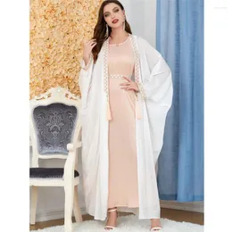 Ethnische Kleidung Satin Satin Muslimische Frauen offen Abaya Fledermaushülle Maxi Kleid 2 Stück Set Dubai Kimono Ramadan Islamisch Kaftan Marokko Eid Jalabiya