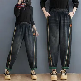 Jeans femininos 2024 Autumn Arts Style Women Women Heastic Cotton Denim Harem Pants Listra lateral Design vintage azul solto P301