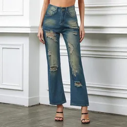 Women's Jeans 2024 Vintage Casual Hole Breaking Denim Trousers Fashion High Waisted Washed Straight Pants Baggy