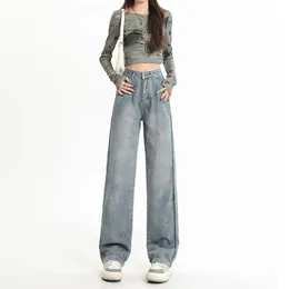 Hög midja breda ben jeans för kvinnor 2024 vinter ny lös och bantning draperi design med en känsla av golv som drar raka benbyxor