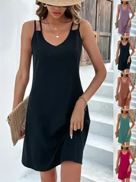 Yaz modası vneck kolsuz mini aline seksi elbise vestidos çift kayışlar plaj tatil elbise 240329