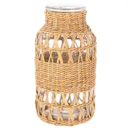 Vasen Rattan Glass Vase Blumen gefälschte Boho -Desktop -Stroh -Büro -Ornamentpflanzen Behälter gewebt