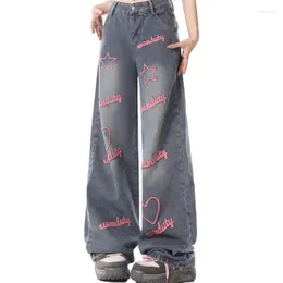 سراويل جينز للسيدات 2024 أزياء الشارع المرتفع على التوالي Y2K ملابس الخريف تصميم برميل تصميم النجوم الوردية مطرزة على السراويل الساقية واسعة