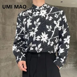 Мужские повседневные рубашки Umi Mao Dial Buckle с длинным рукавом мужская хлопковая льняная печать винтажная китайская шикарная топа