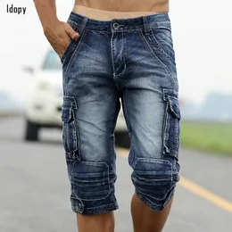Idopy Summer Male Retro Cargo Denim Shorts Vintage Acid Washed Faded Multi-Pockets Milital Style Jeans for Men 240329