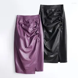 Skirts Genuine Leather Skirt Sheepskin High Waist Pleated Lace Split Wrapped Hip Long Elegant Half