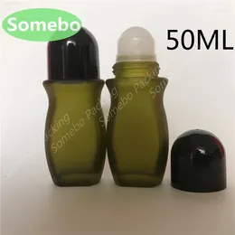 Storage Bottles 300pcs/lot 50ML Olive Green Frosted Glass Roller Bottle Body Deodorant Ball 50CC Essence
