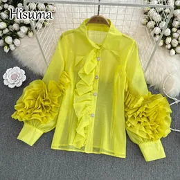 Camicette da donna 2024 Summer Stand da femmina Collar Wasleeve 3D Flower Bruffles Shirts Women Women Elegant Waist Chic chic