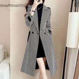 Blends Women's Wool Medium Length Woolen Coat Autumn Korean Slim Coats Thousand Bird Check Double Breasted Suit Collar 231010 en s