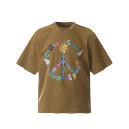 24SS Summer USA Peace Dove Flower Golden Print Washed Tee Fashion Men's Short Sleeve Skateboard Tshirt Women kläder Casual Cotton T Shirts 0406