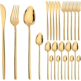 Geschirrsets 24PCS -Tischgeschirr 304 Edelstahl Besteck Goldmesser Gabel Löffel Spiegel Set Flatware Küchen Abendessen Silber