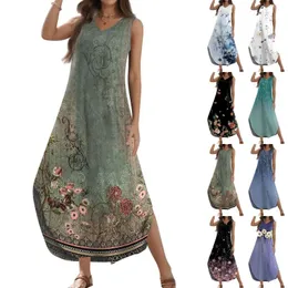 Sıradan Elbiseler Kadınlar 2024 Yaz Gevşek Sundress Uzun Floral Baskılı Elbise Kolsuz V Boyun Bölünmüş Gömlek Maxi Vestidos Longos