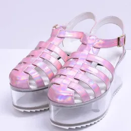 Dress Shoes Pink Silver Laser Patent Leather Transparent Container Platform Sole Sandals Close Toe Cross Strap Clear Woman