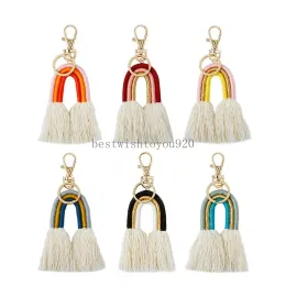 Handgjorda vävda regnbågens nyckelkedjor ringar för kvinnor bohemiska hänge etnisk tofs nyckelhållare Keyring macrame väska charm bild dekoration hängande smycken gåvor