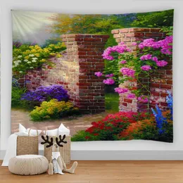 Tapestries Retro Color Oil Painting Tapestry Flower Rural Garden Scenery Printing Wall Hanging Beach Towel Art Dorm Home Decor