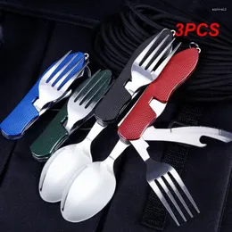 Dinnerware Sets 3PCS 4-in-1 Multitool Camping Utensils Portable Stainless Steel Foldable Spoon Fork Knife Bottle Opener Combo Set